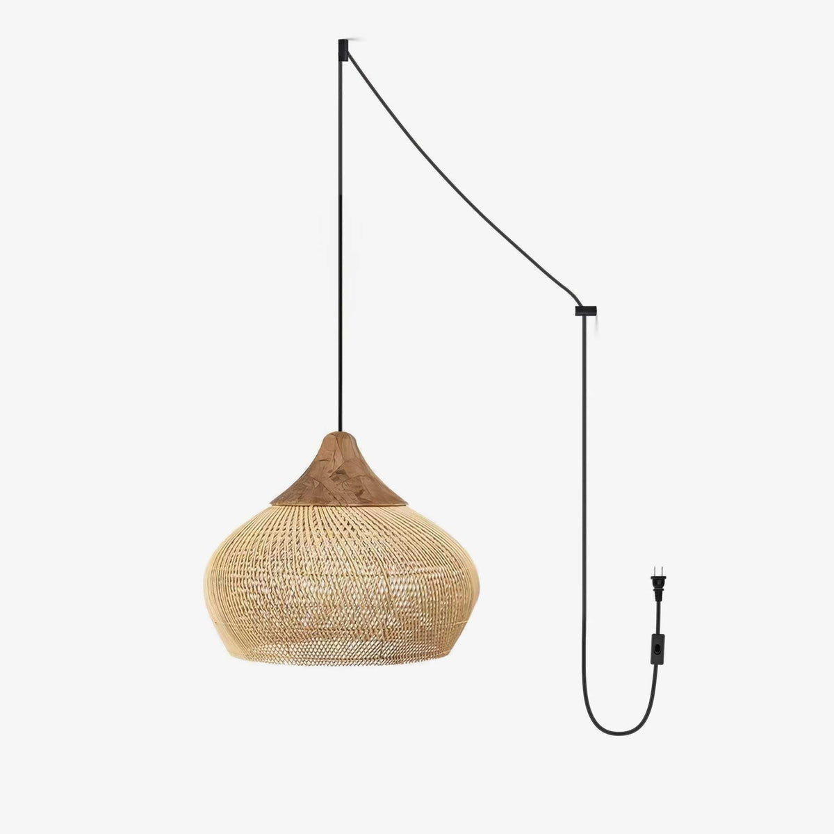 Artisan Braided Rattan Swag Pendant Light with Natural Wood Accents
