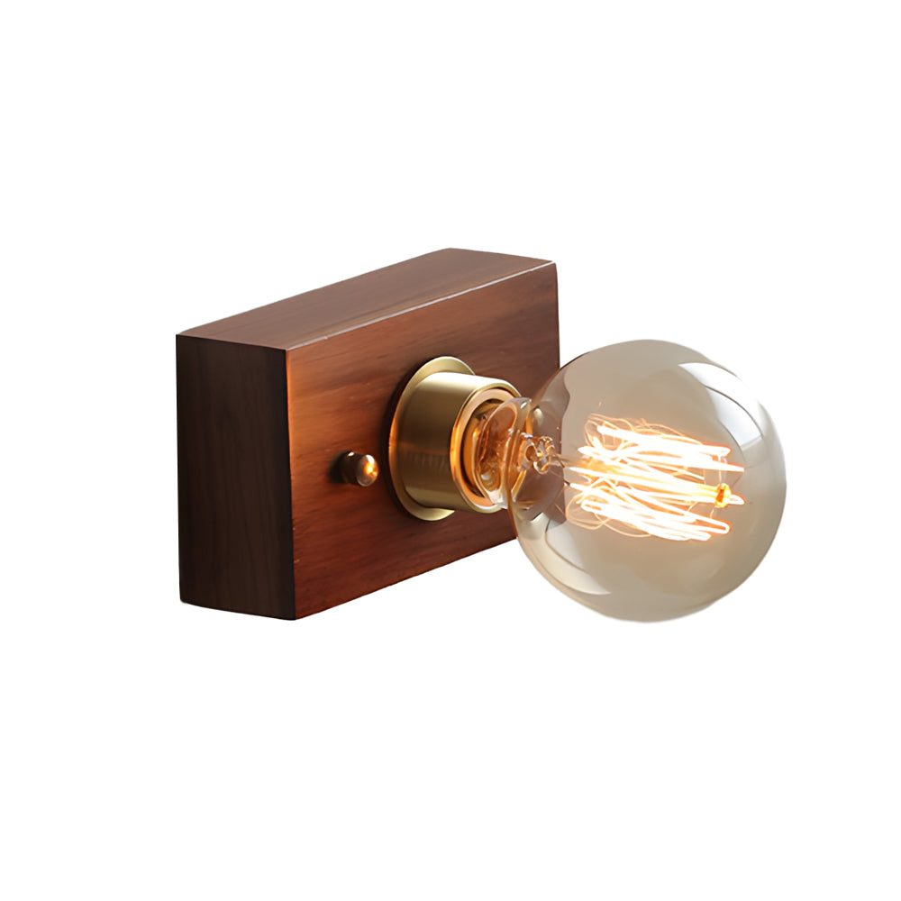 Round Square Vintage Walnut Wood Wall Lamp 1 Light With Pull Chain Switch