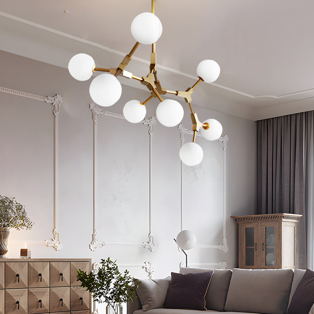 6 8 Light Gold Molecule Chandelier With White Glass Shades