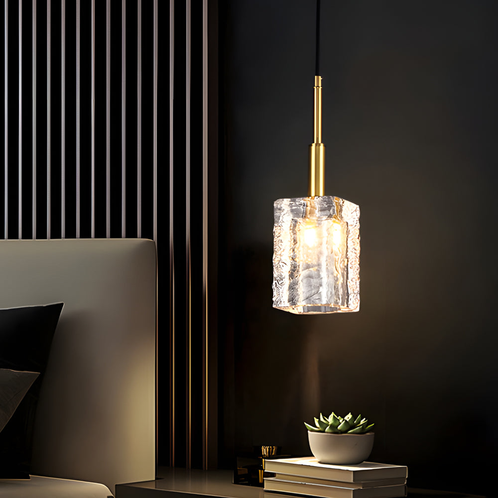 Crystal Cube Brass Pendant Light 1 Light Copper Rod Kitchen Island Lighting