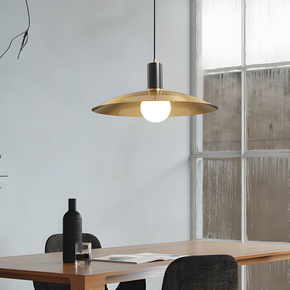 1 Light Mid Century Brass Flared Pendant Light With White Glass Shade