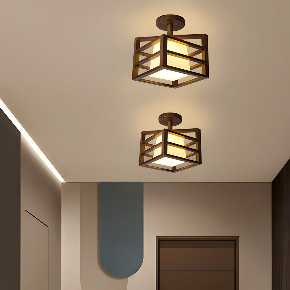 Square Walnut Wooden Frame 1 Light Semi Flush Mount Ceiling Light