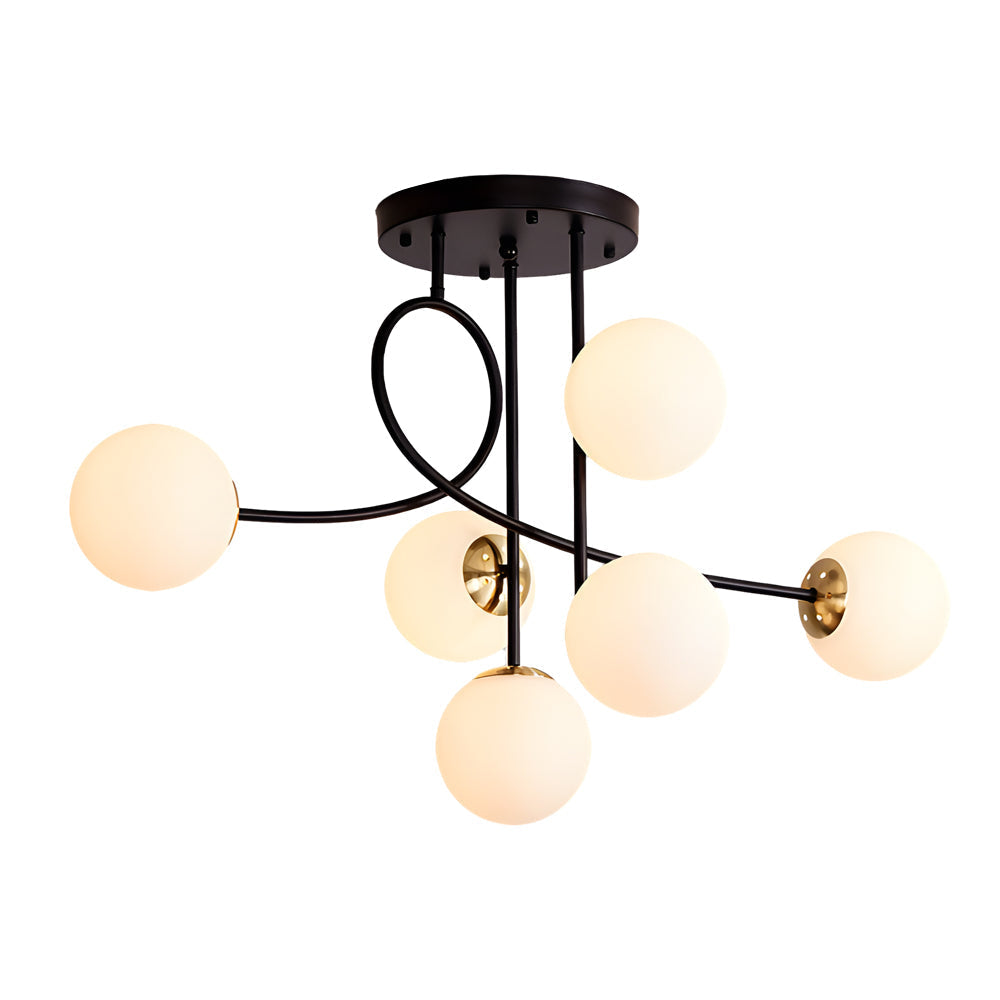 Modern 6 Light Gold Black Semi Flush Mount Chandelier With Glass Shade