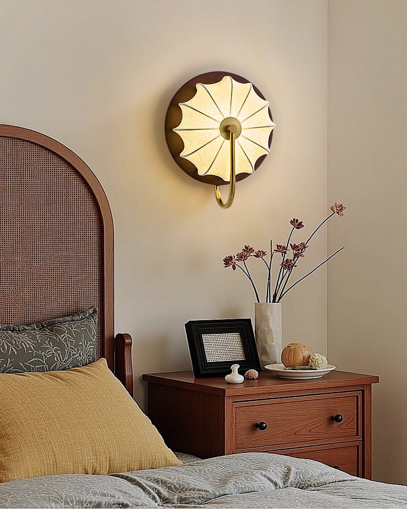 Elowen Fabric Wall Sconce — Modern Brass & Wood LED Wall Light