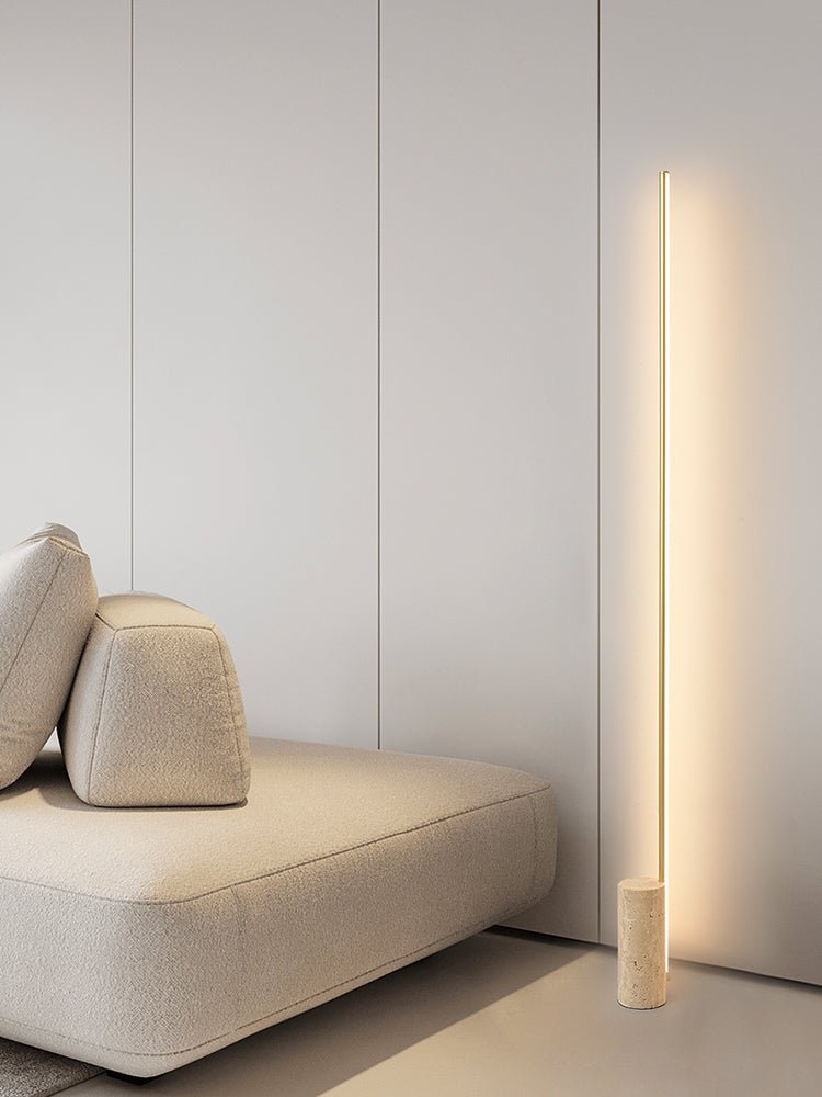 Linear LED Floor Lamp with Travertine Base for Modern Interiors