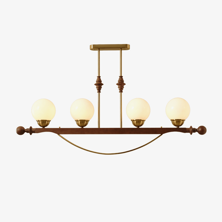 Adorned Linear Chandelier in Walnut and Brass with Glass Orbs