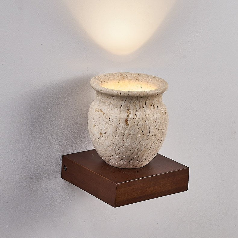 Arbor Sculptural Wall Sconce in Yellow Travertine and Wood