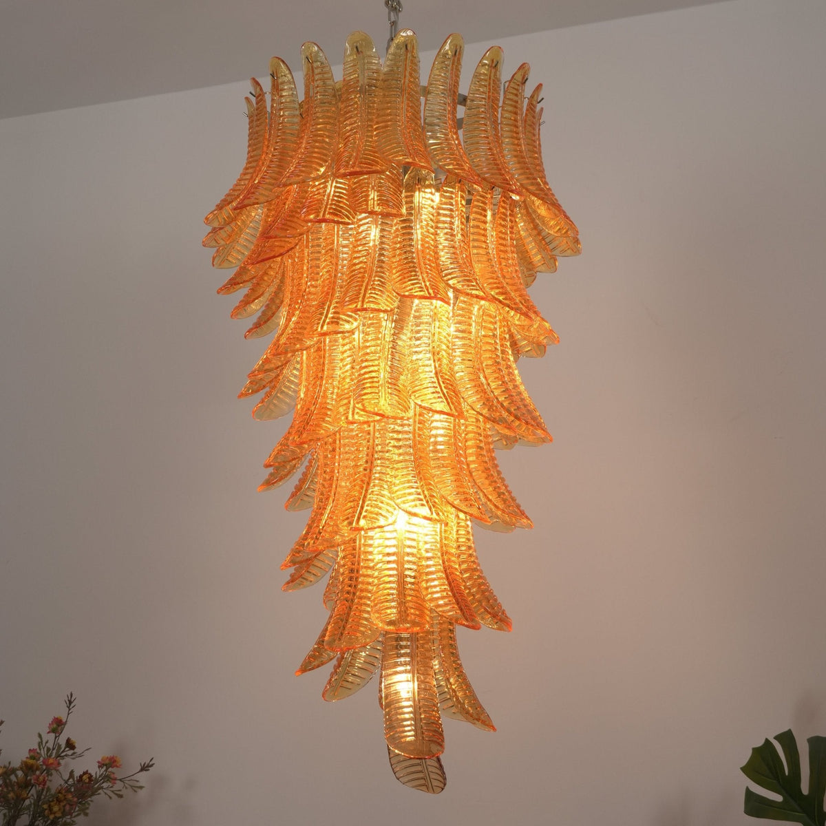 Amber Leaf Cascade Chandelier — Modern Art Glass Pendant for Dining Room