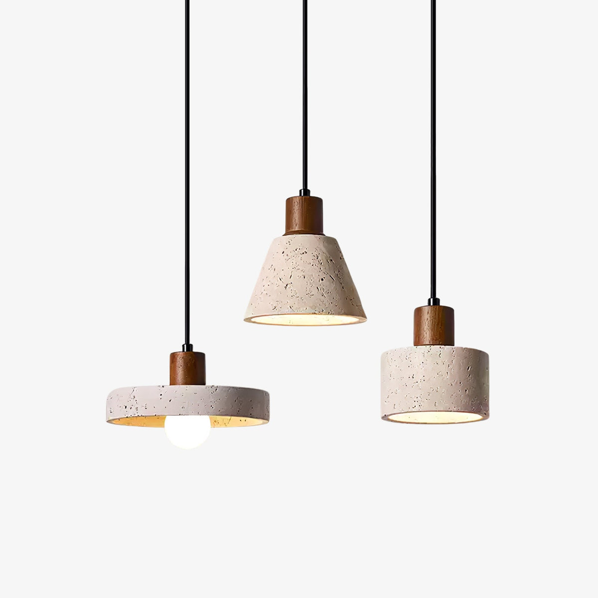 Forma Terra Trio Pendant Light – Travertine & Walnut Sculptural Chandelier