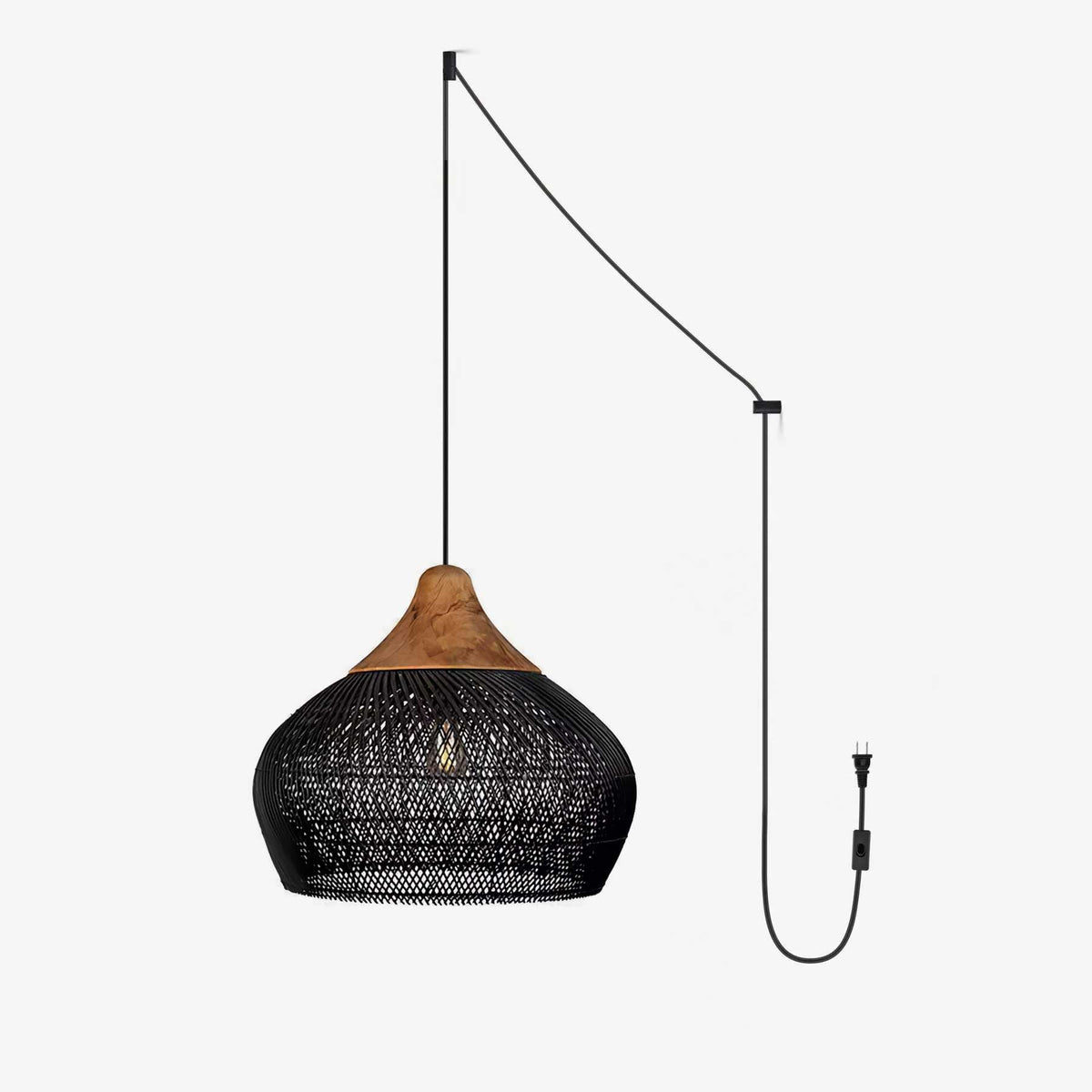 Artisan Braided Rattan Swag Pendant Light with Natural Wood Accents