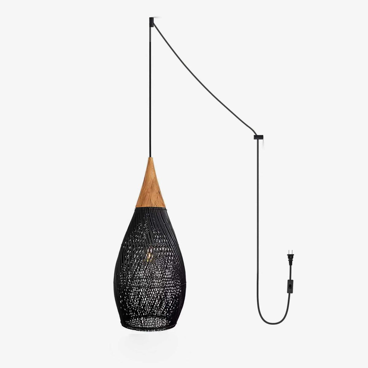 Artisan Braided Rattan Swag Pendant Light with Natural Wood Accents