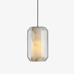 Hand-Carved Alabaster Cylinder Pendant Light in Glass Shell