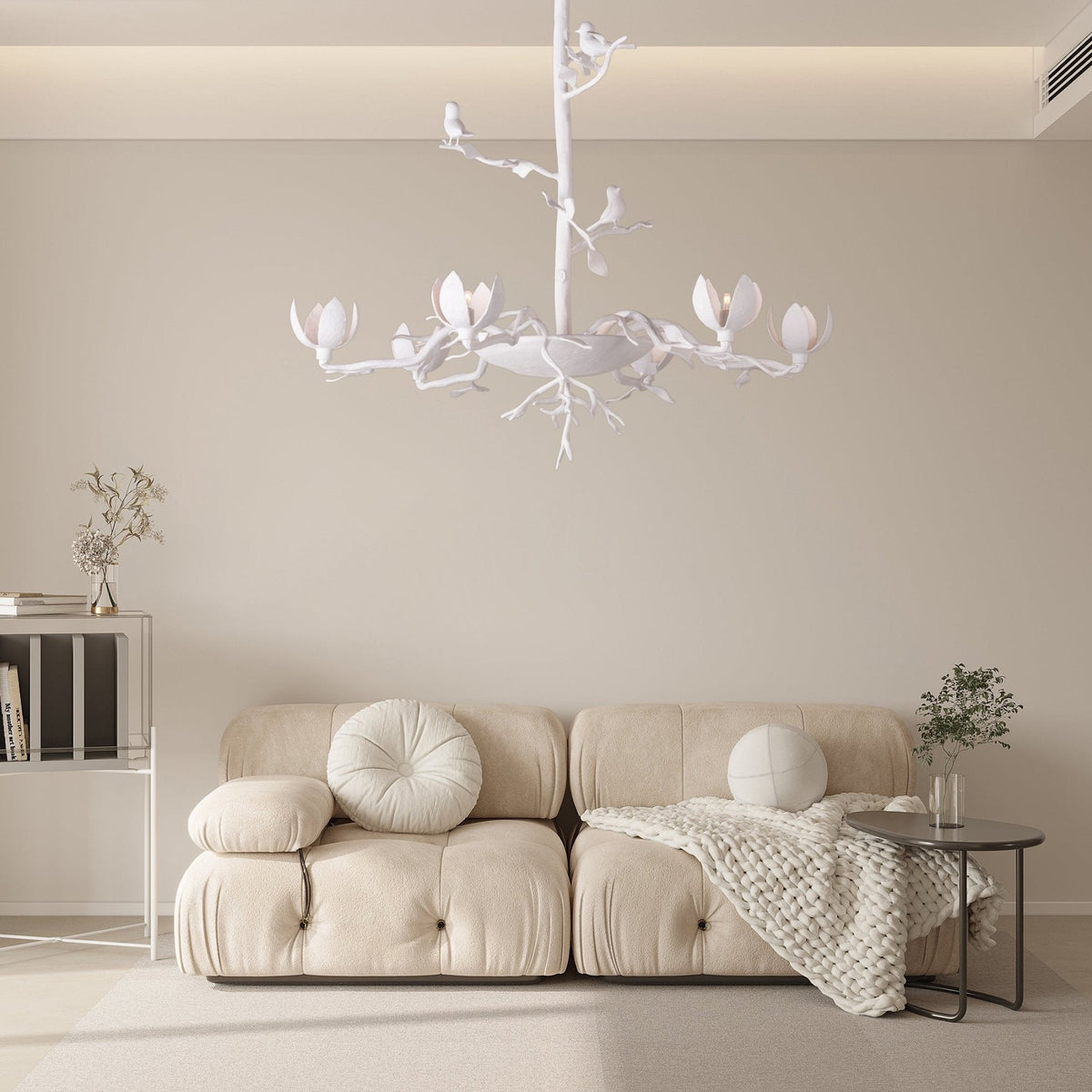Passera Sculptural Plaster Chandelier with Birds and Tulip Shades