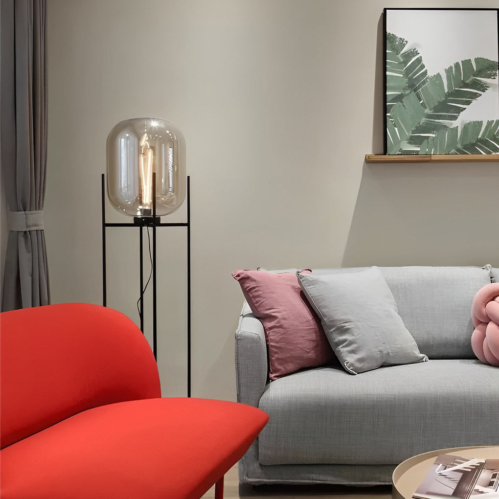 Industrial Standing Metal And Hand Blown Glass Floor Lamp