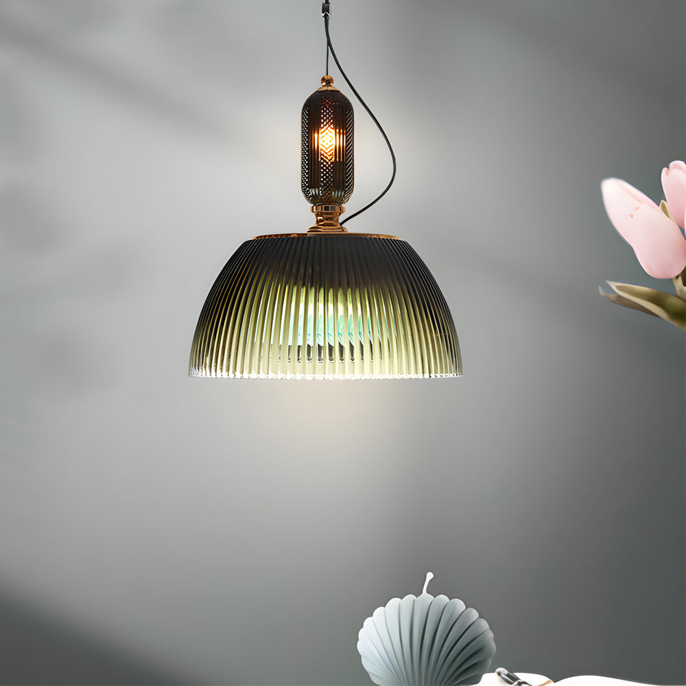 Retro Gradient Dark Green Striped Glass Art Nordic Pendant Lights Fixture Li002742