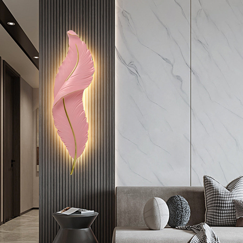 Luxury Modern Feather Wall Sconce with LED Lighting, Hand-Painted Gold Accents