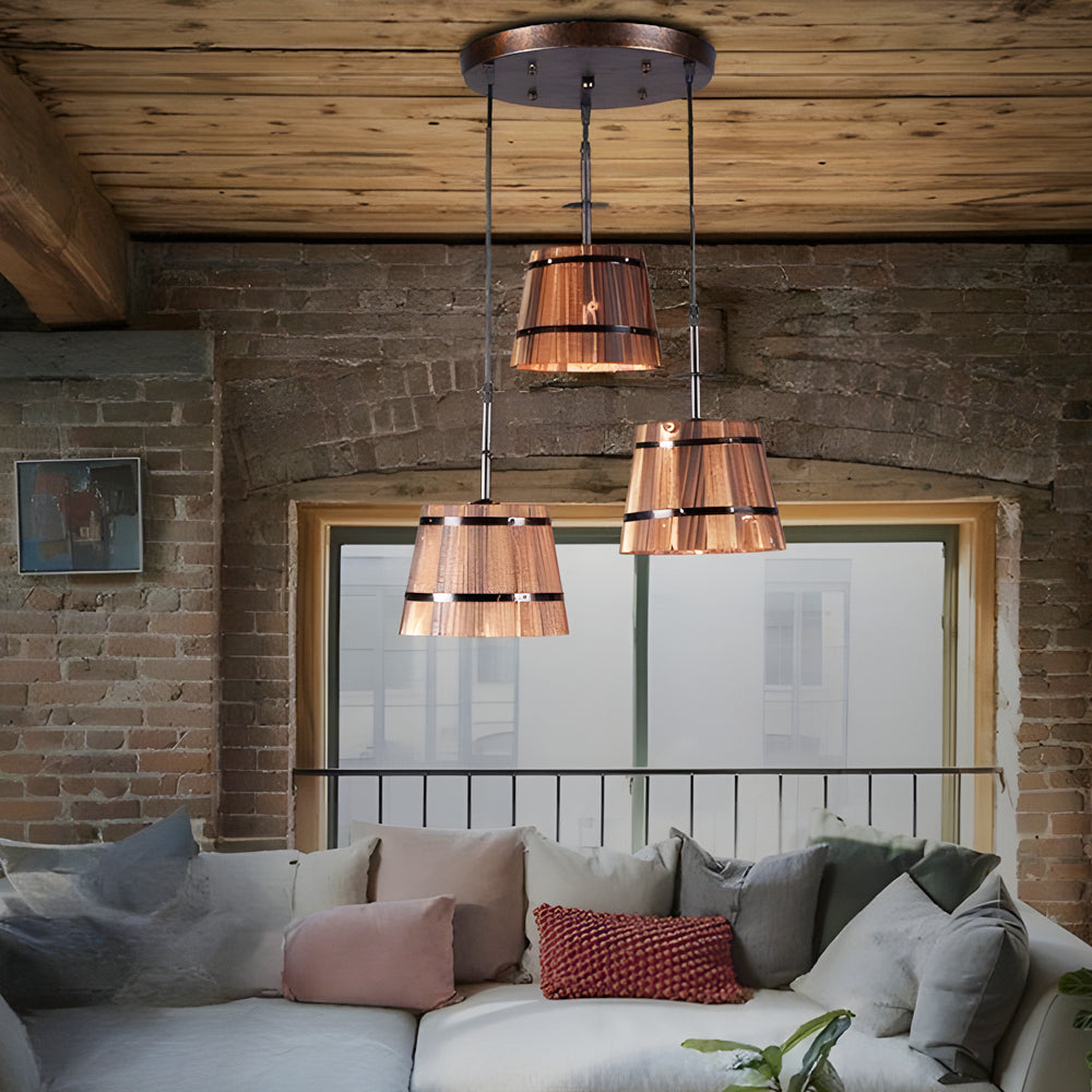 1 3 Light Rustic Wood Bucket Shade Pendant Lighting For Cafe Bar