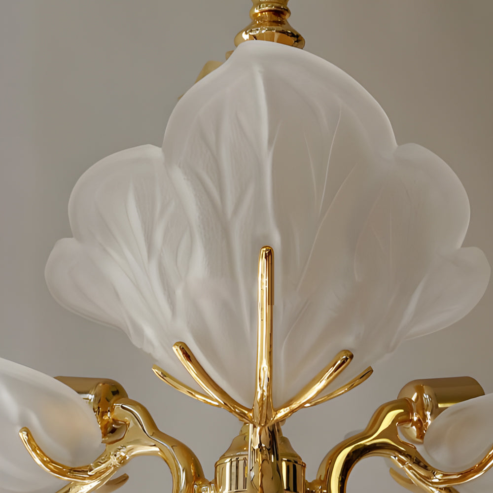 9 Light Italian Chandelier In Brass With Murano Glass Leaves
