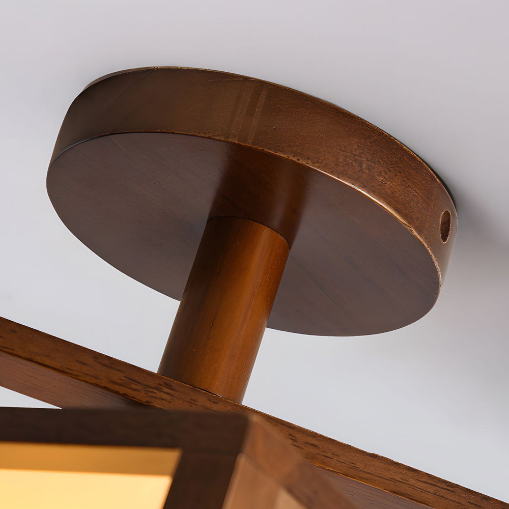 Square Walnut Wooden Frame 1 Light Semi Flush Mount Ceiling Light