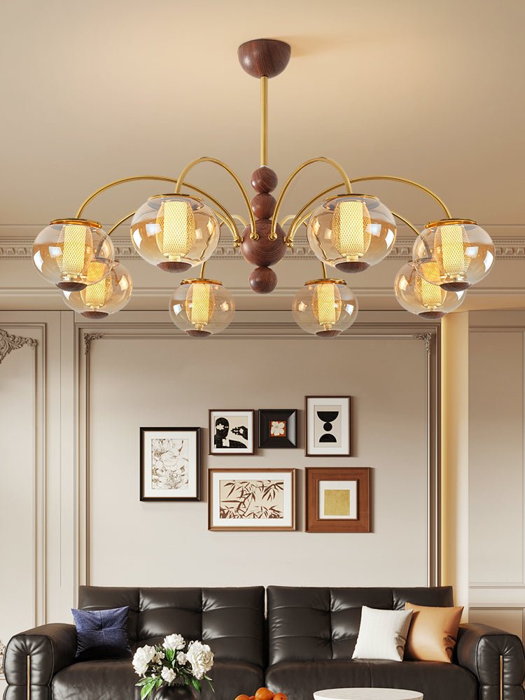Solstice Bloom Chandelier — Amber Glass & Gold Modern Pendant Light