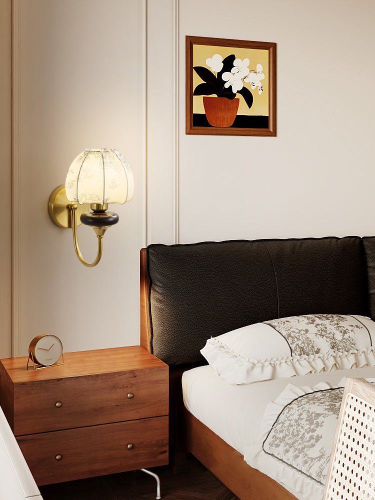 Amelie Floral Wall Sconce – Vintage-Inspired Fabric Shade, Gold or Black Finish