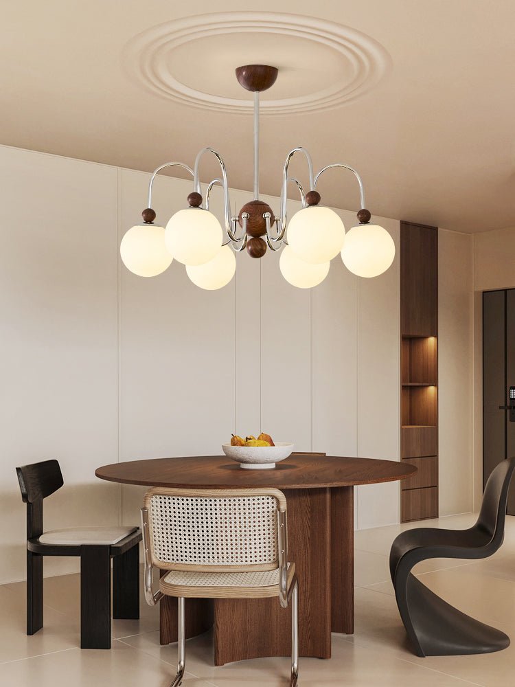 Aurora Loop Modern Chandelier with Walnut Accents and Glass Globes