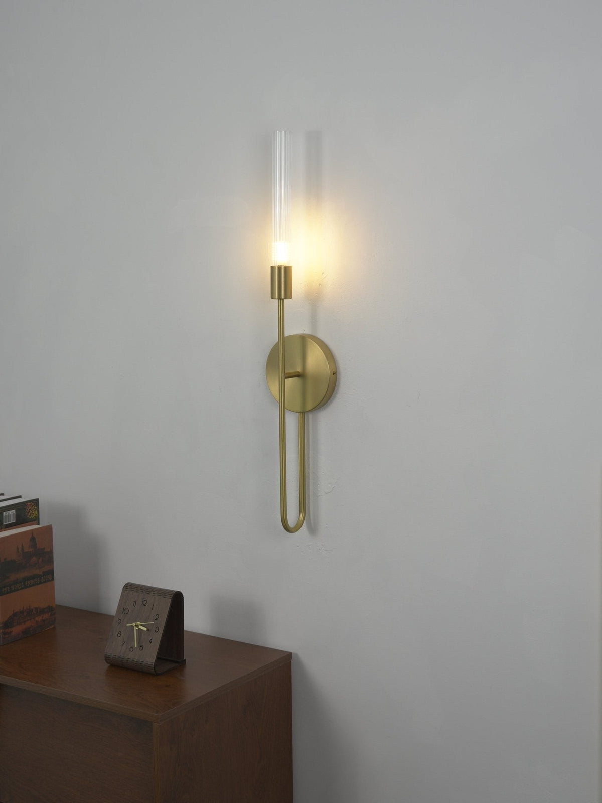 Arcline Glass Wall Sconce – Modern Brass LED Wall Light for Bedroom & Living Room