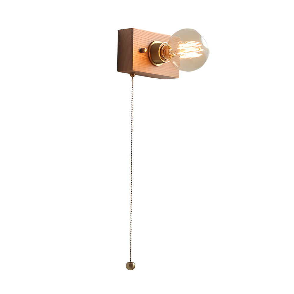 Round Square Vintage Walnut Wood Wall Lamp 1 Light With Pull Chain Switch