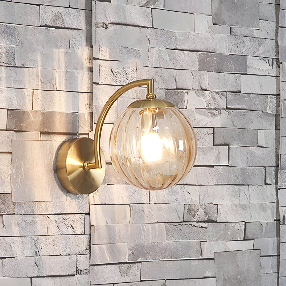 1 Light Curved Arm Wall Sconce With Ball Rib Glass Ball Shade