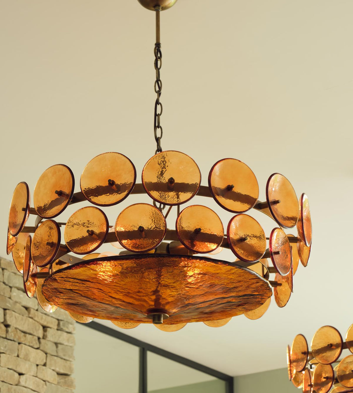 Solaris Disc Glass Chandelier – Two-Tier Gold & Murano-Style Glass Pendant