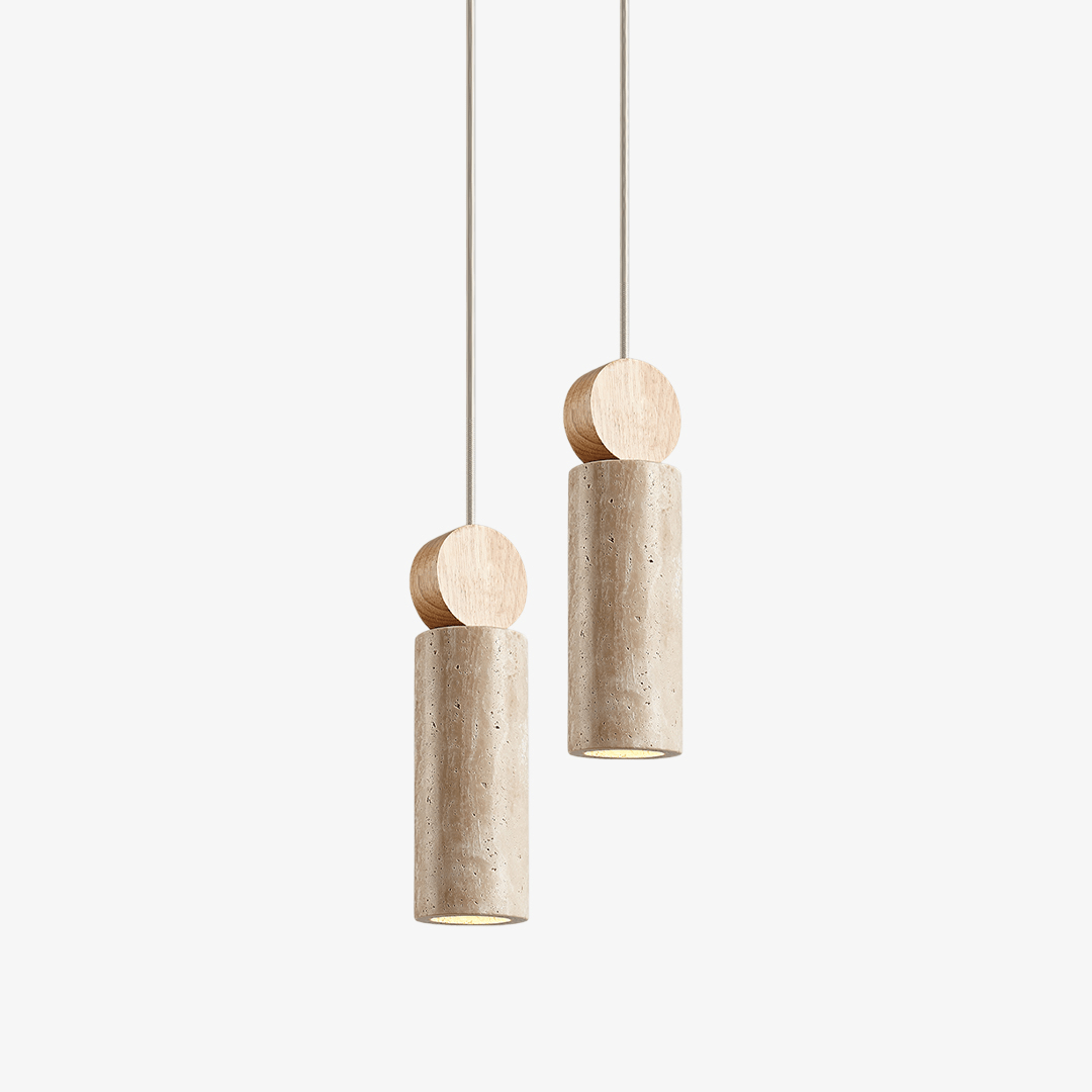 Travertine Cylinder Pendant Light with Wood Accent