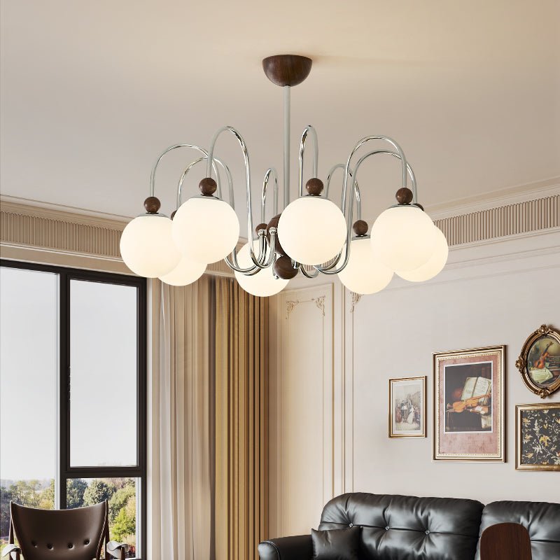 Aurora Loop Modern Chandelier with Walnut Accents and Glass Globes