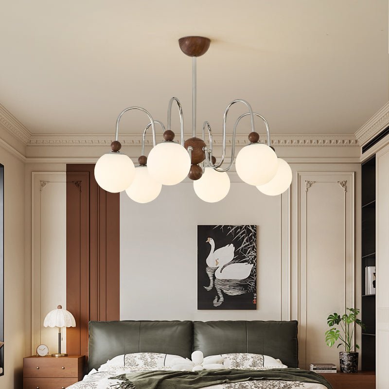 Aurora Loop Modern Chandelier with Walnut Accents and Glass Globes