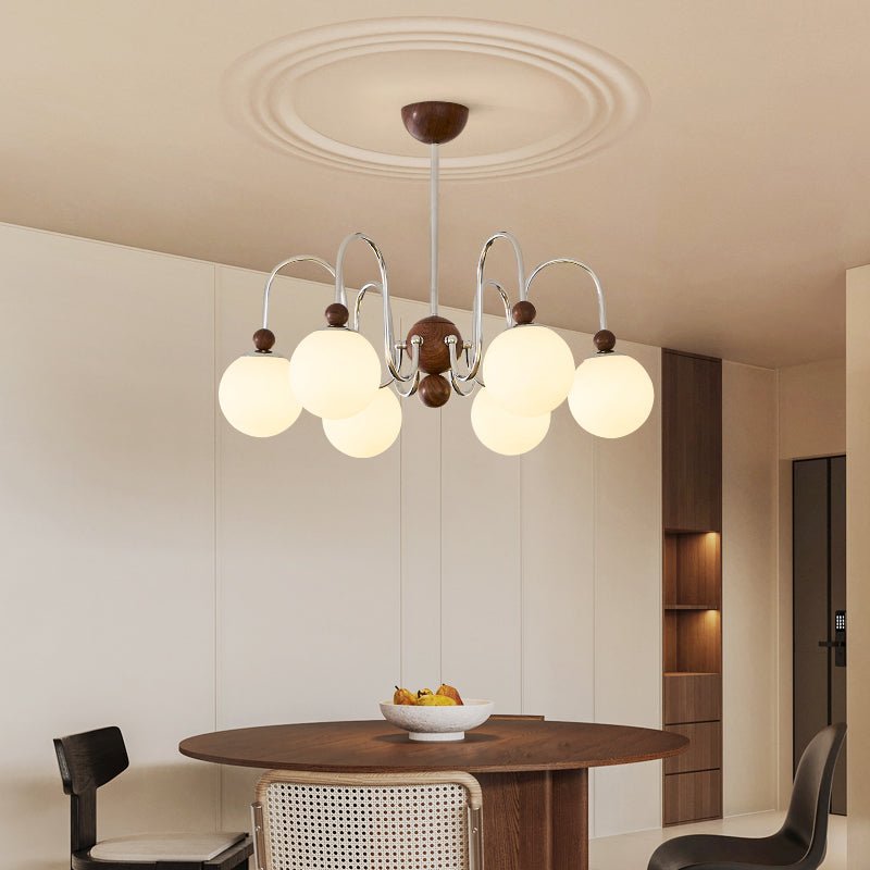 Aurora Loop Modern Chandelier with Walnut Accents and Glass Globes