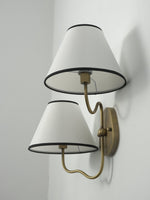 Clara Double Wall Sconce in Brushed Brass with White Fabric Shades