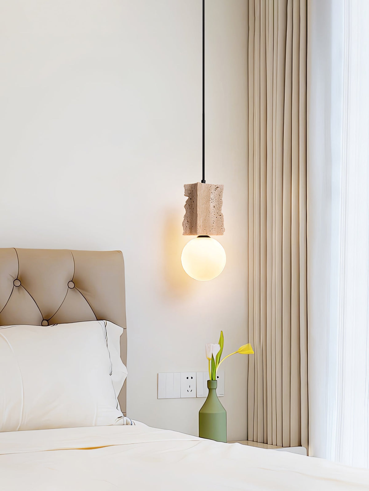 Terra Orb Pendant Light in Yellow Travertine with Opal Glass Globe