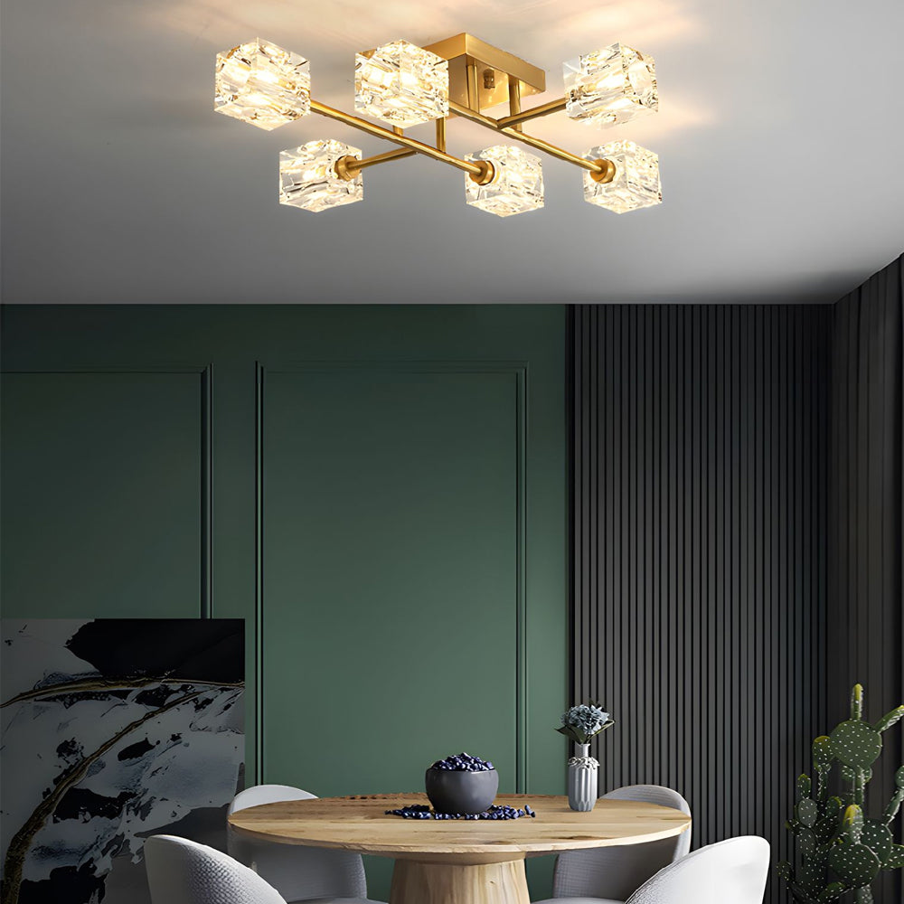 Modern Copper Crystal Cube Semi Flush Mount Light Fixture 4 6 8 Light