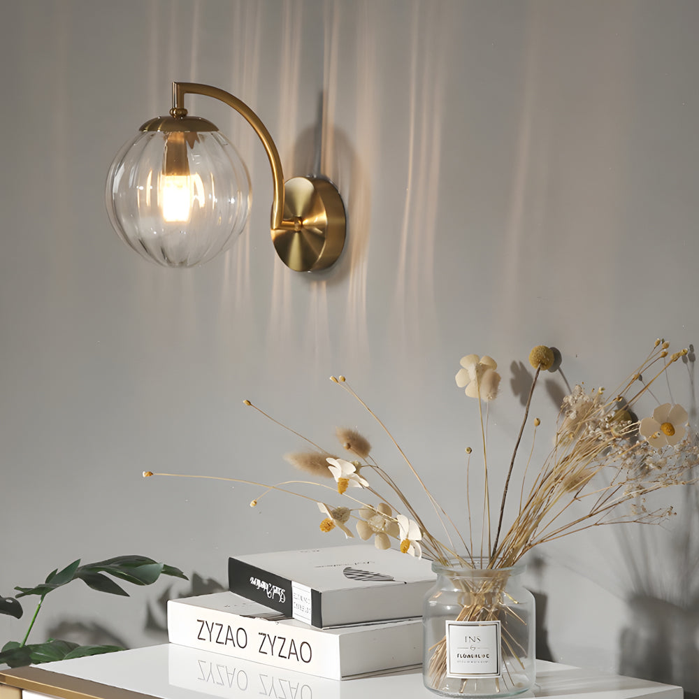 1 Light Curved Arm Wall Sconce With Ball Rib Glass Ball Shade