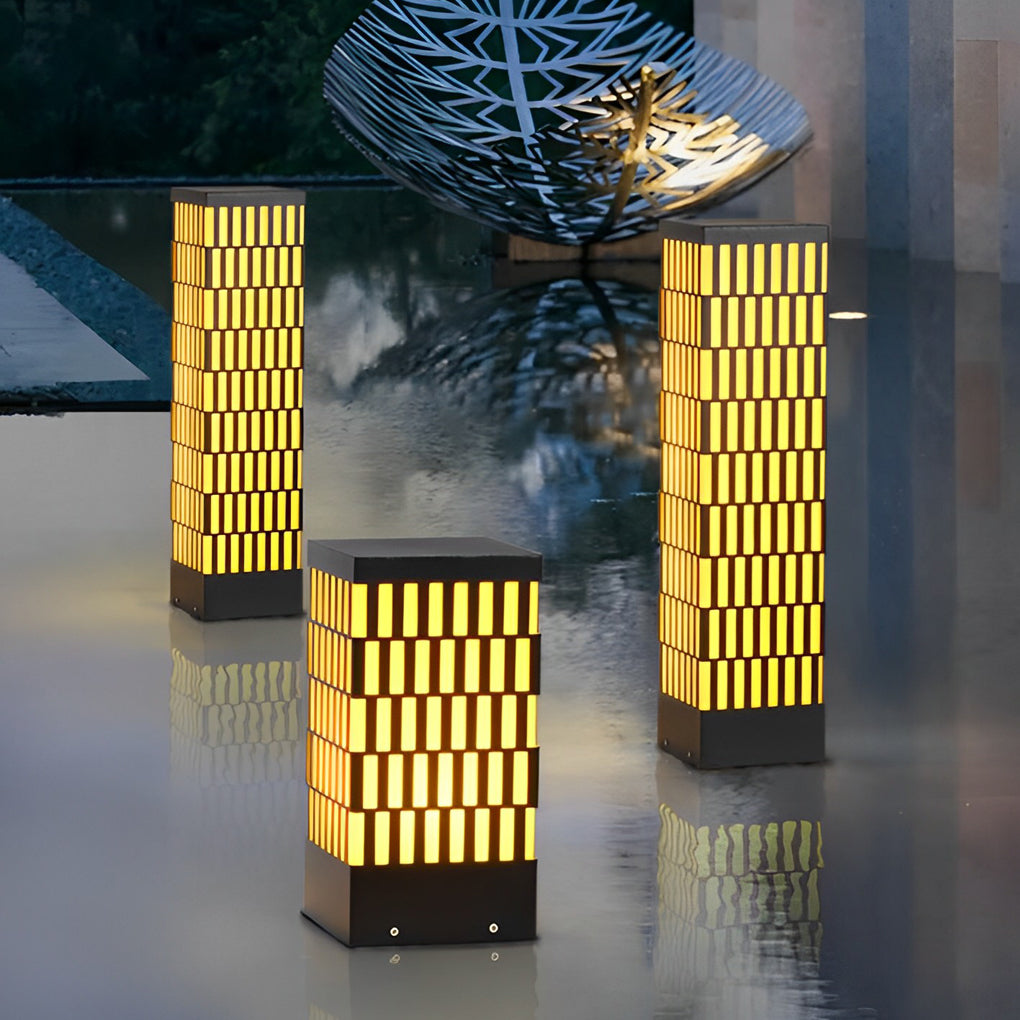 Modern Black LED Bollard Light with Grid Design for Pathways and Gardens