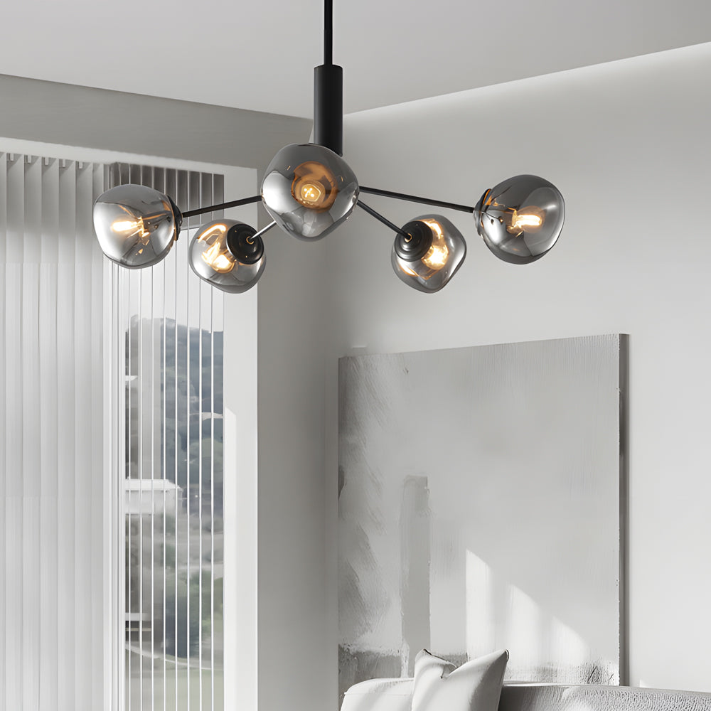 3 5 8 Light Molecule Dimpled Lava Glass Chandelier With Black Metallic Arms