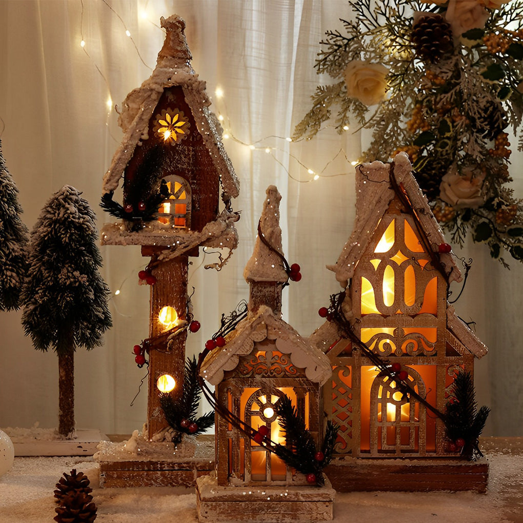 Artisan Wooden Christmas Village Houses with Warm Glow