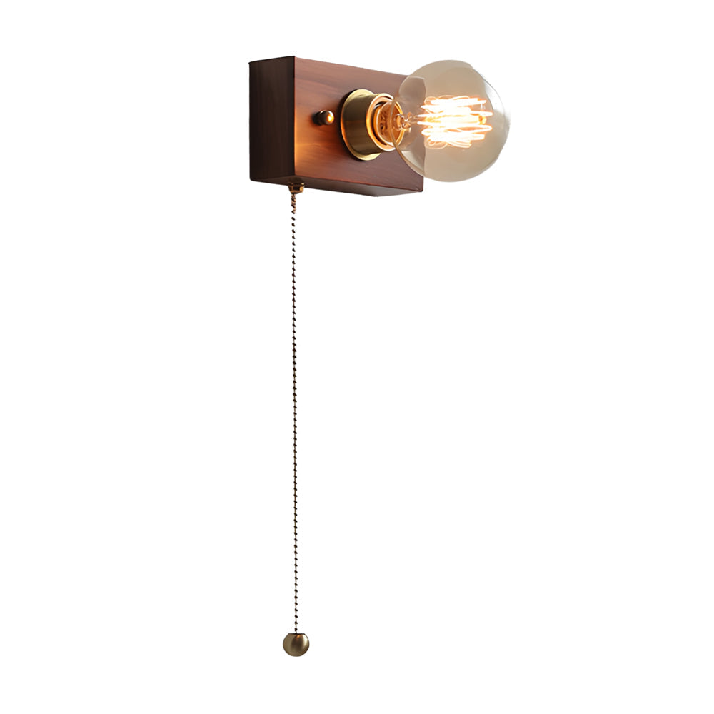 Round Square Vintage Walnut Wood Wall Lamp 1 Light With Pull Chain Switch