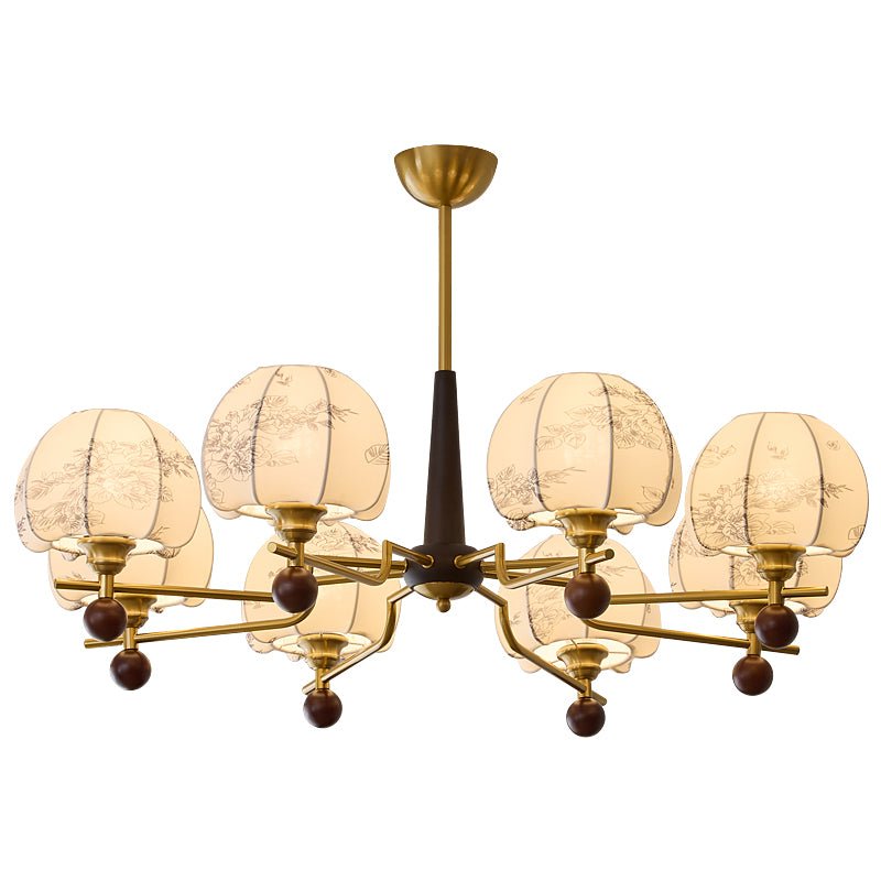 Heritage Bloom Chandelier — Walnut & Brass Pendant Light with Etched Floral Shades
