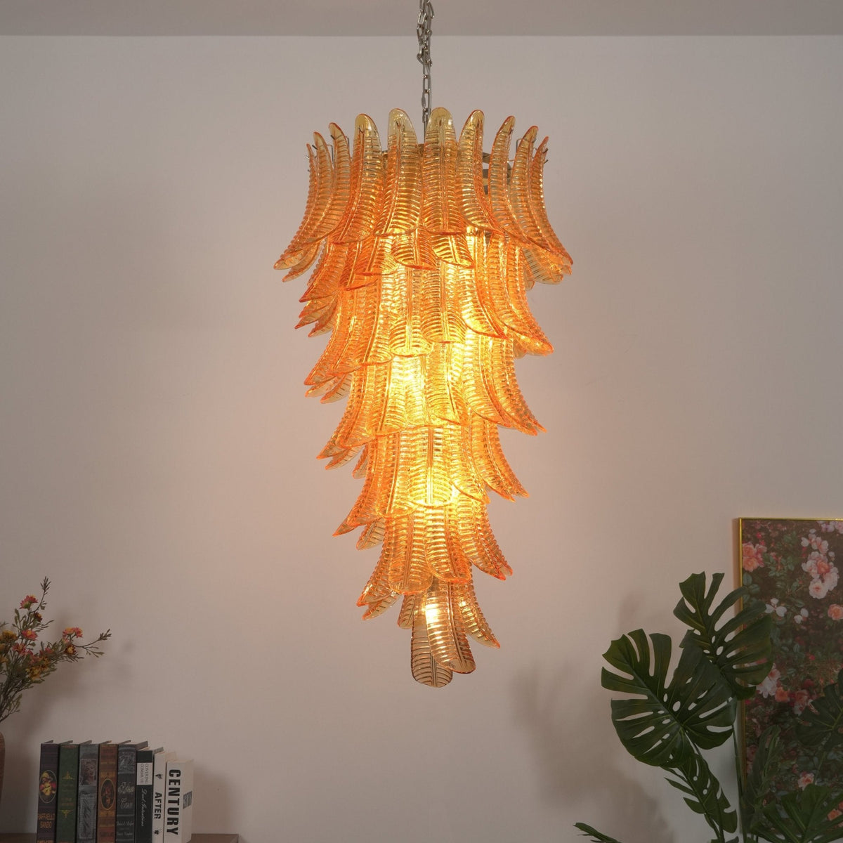 Amber Leaf Cascade Chandelier — Modern Art Glass Pendant for Dining Room