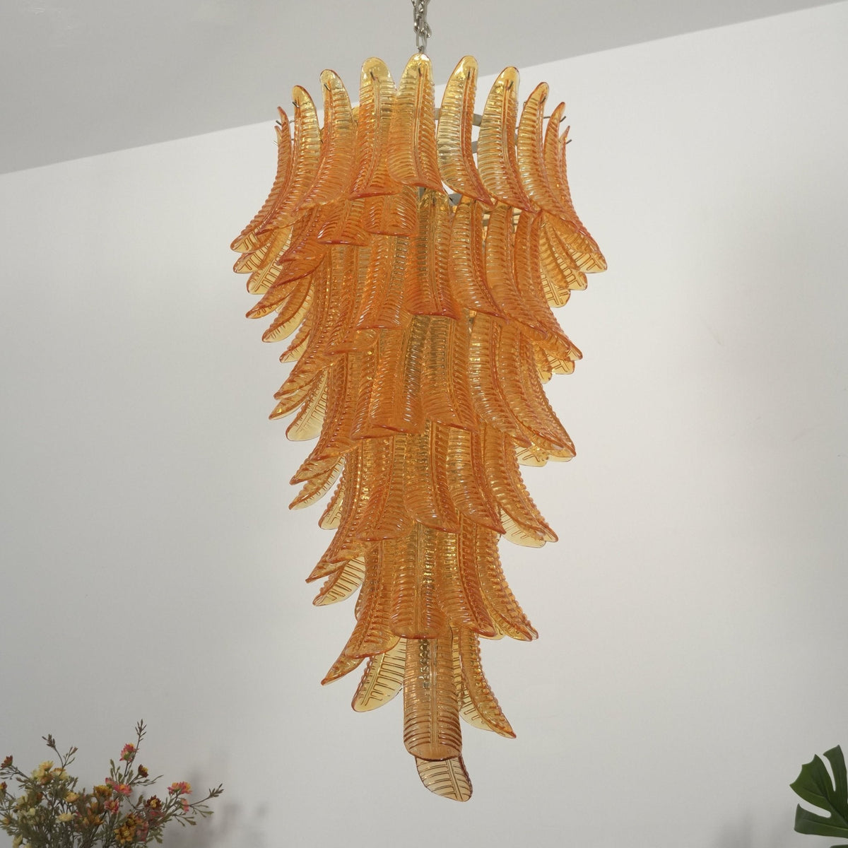 Amber Leaf Cascade Chandelier — Modern Art Glass Pendant for Dining Room
