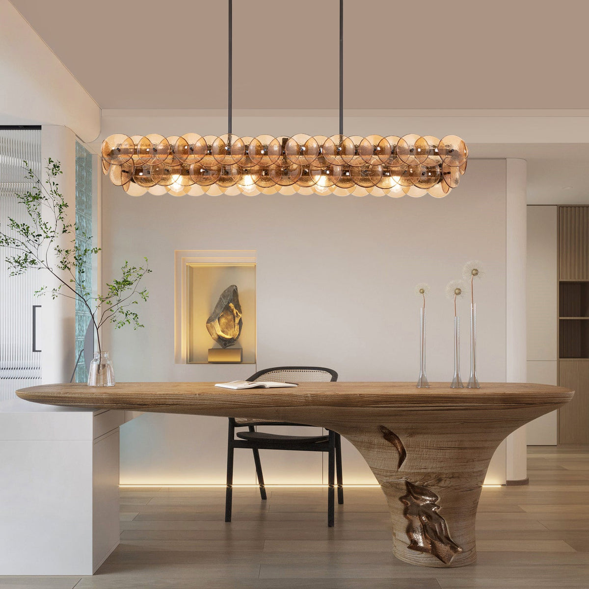 Linear Glass Disc Chandelier in Gold Frame, Modern Dining Room Lighting