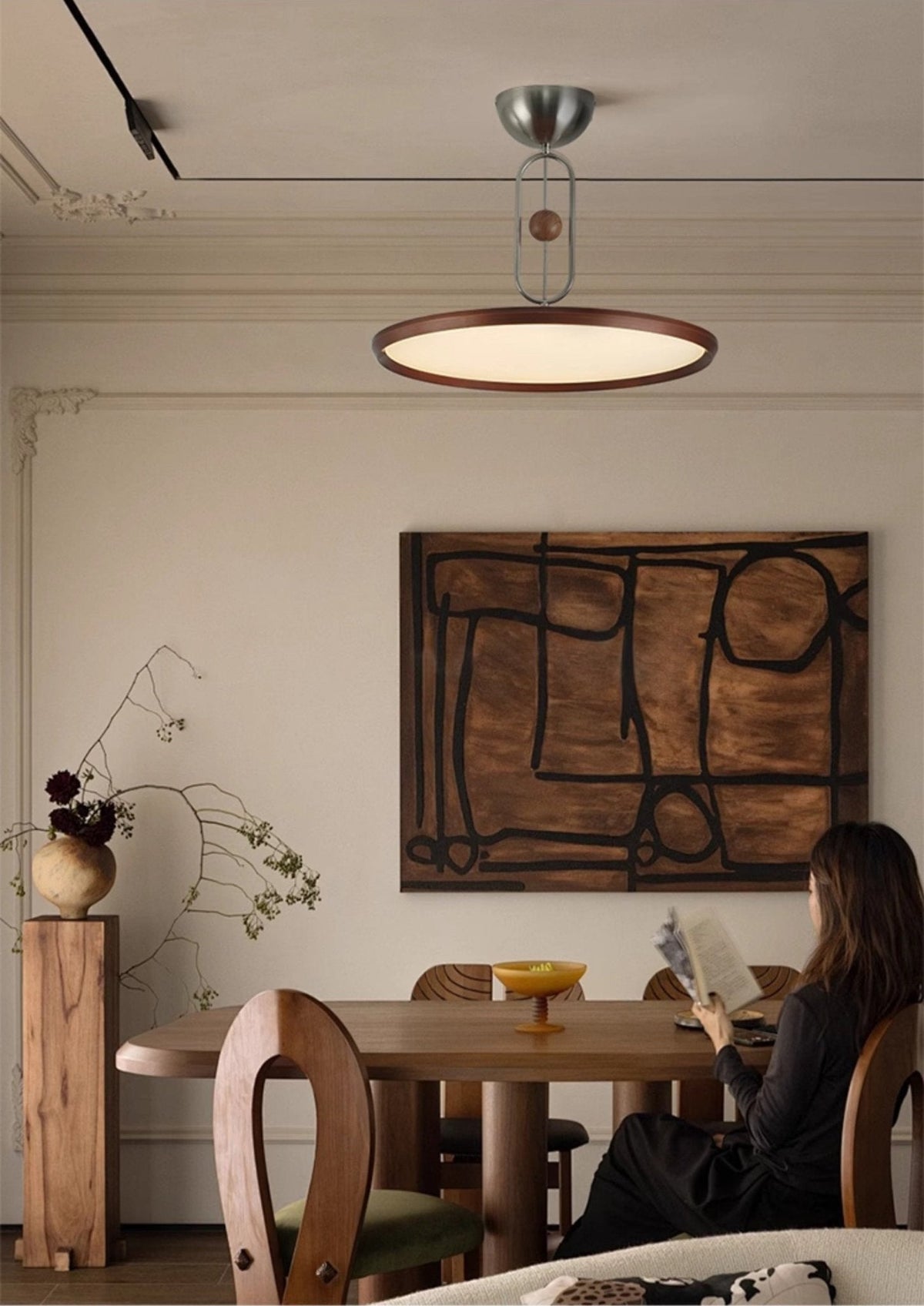 Orbito Semi Flush Ceiling Light in Walnut Wood Grain and Nickel