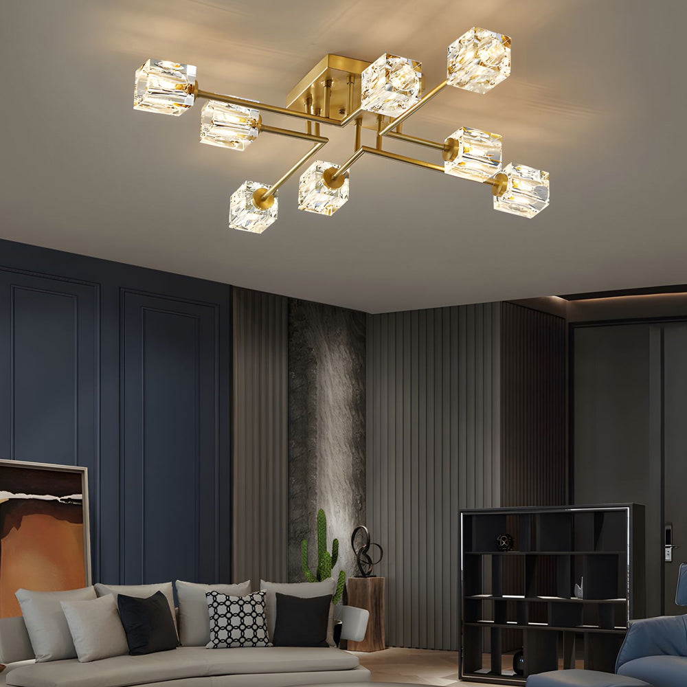 Modern Copper Crystal Cube Semi Flush Mount Light Fixture 4 6 8 Light