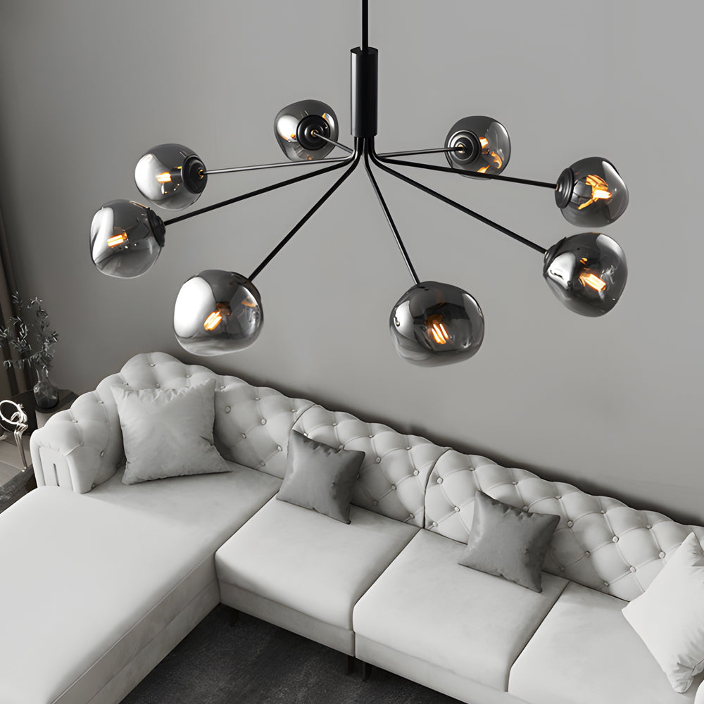 3 5 8 Light Molecule Dimpled Lava Glass Chandelier With Black Metallic Arms