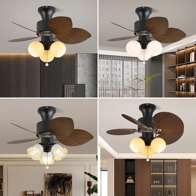 Palm Cove Breeze Ceiling Fan Light with Palm Leaf Blades and Amber Glass Shade